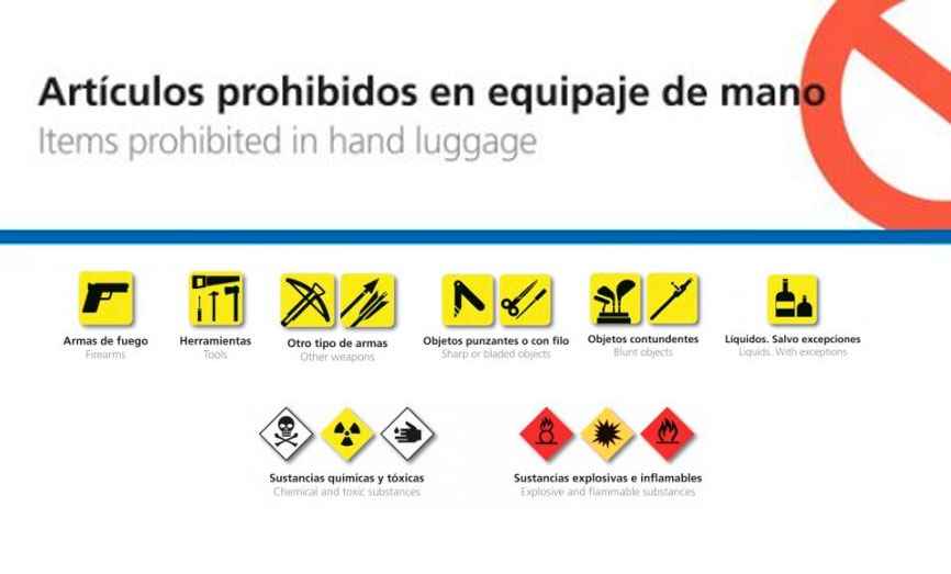 Infografía de artículos prohibidos en equipaje de mano.